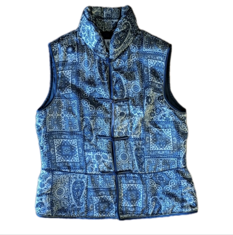 Yee Fashion 100% Silk Vest Blue Paisley Quilted Kimono Women's Large